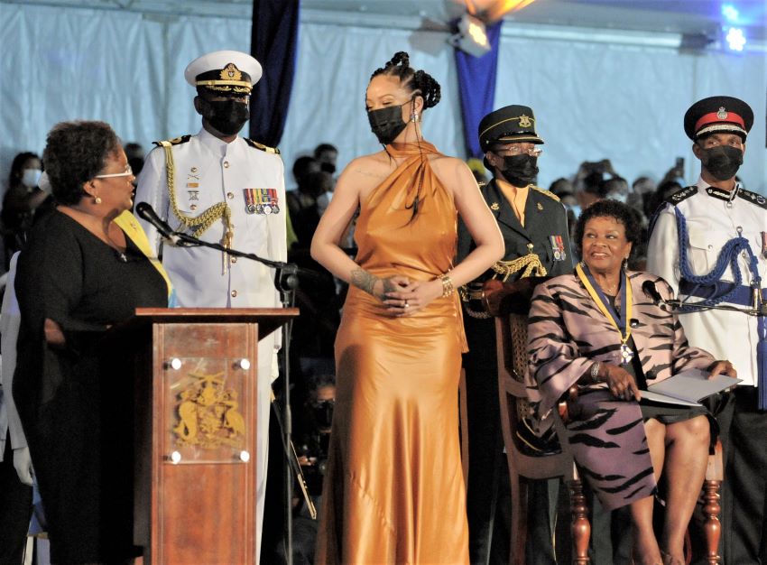 Prime Minister Mia Mottley Rihanna and Dame Sandra Mason