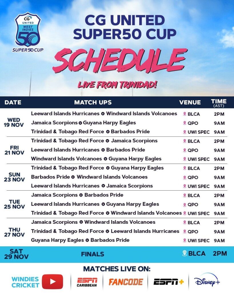 CWI Announces Official Fixtures for 2025 CG United Super50 Cup 2 dedf71a7 9564 4061 867a 4d2a5f6202254211162147763991157